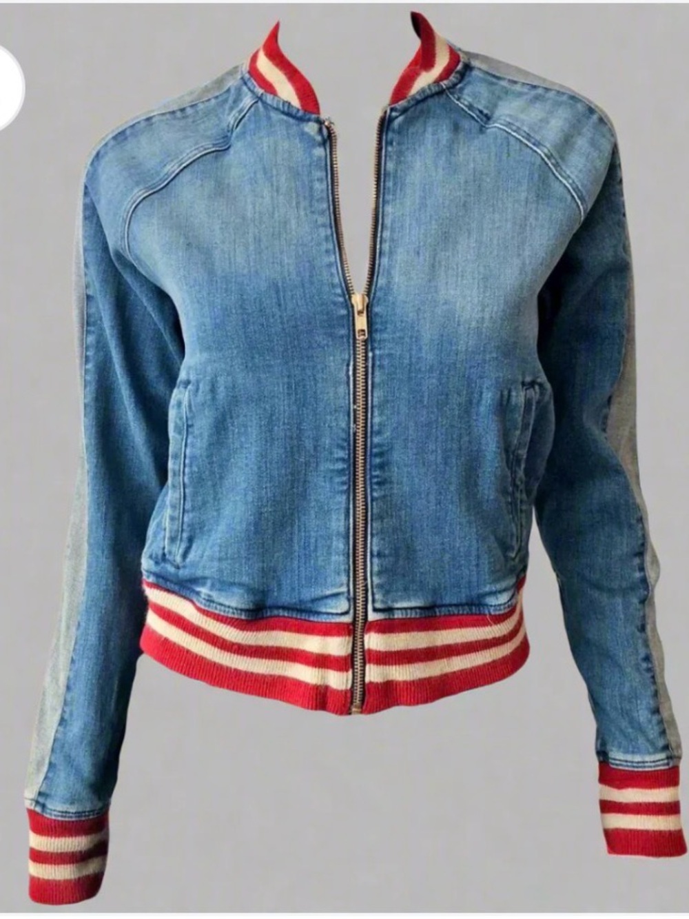 MOTHER Denim Bomber Jacket with Red & Cream Trim